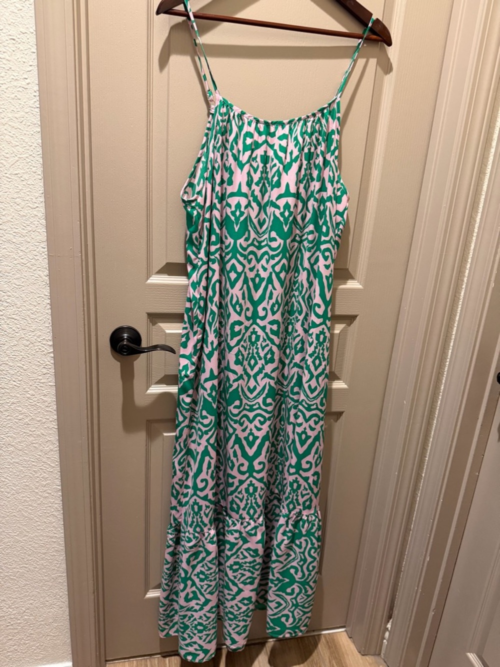 Women’s Green and White Printed Maxi Dress - Sleeveless Spaghetti Strap